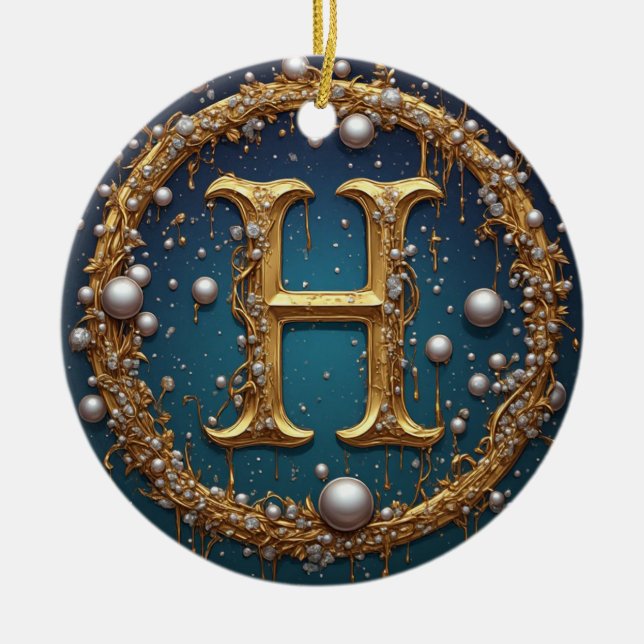 Golden Monogram Initial Letter H Ceramic Ornament (Front)