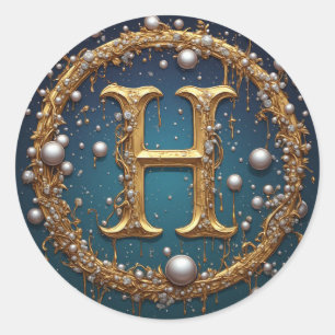Golden Monogram Initial Letter H Classic Round Sticker