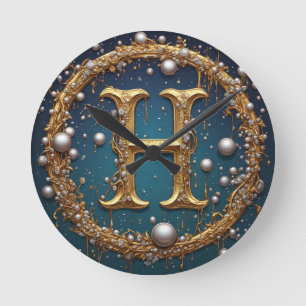 Golden Monogram Initial Letter H Round Clock
