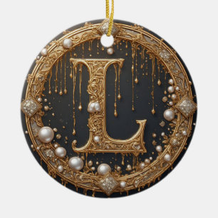 Golden Monogram Initial Letter L Ceramic Ornament