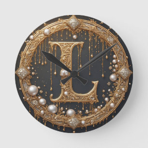 Golden Monogram Initial Letter L Round Clock