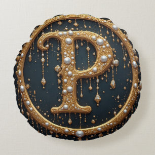 Golden Monogram Initial Letter P Round Cushion