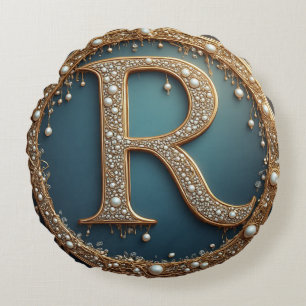 Golden Monogram Initial Letter R Round Cushion