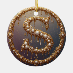 Golden Monogram Initial Letter S Ceramic Ornament