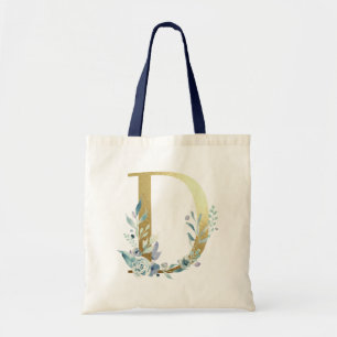 Golden Monogram Letter D Blue Watercolor Flowers Tote Bag