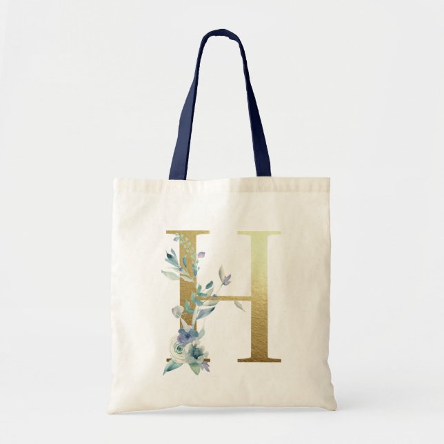 Golden Monogram Letter H Blue Watercolor Flowers Tote Bag (Front)