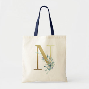 Golden Monogram Letter N Blue Name Floral Decor Tote Bag