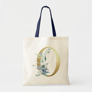Golden Monogram Letter O Blue Watercolor Flowers Tote Bag