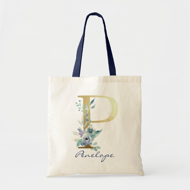 Golden Monogram Letter P Blue Name Floral Decor Tote Bag (Front)