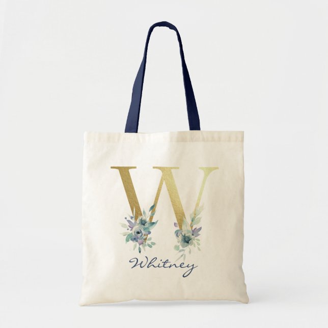 Golden Monogram Letter W Blue Name Floral Decor Tote Bag (Front)