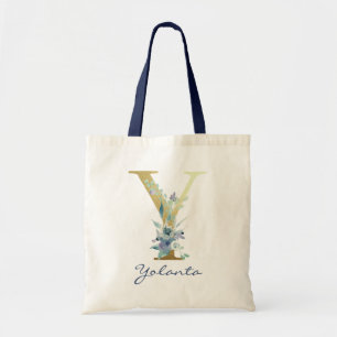 Golden Monogram Letter Y Blue Name Floral Decor Tote Bag
