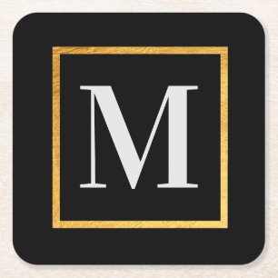 Golden Monogram Square Paper Coaster