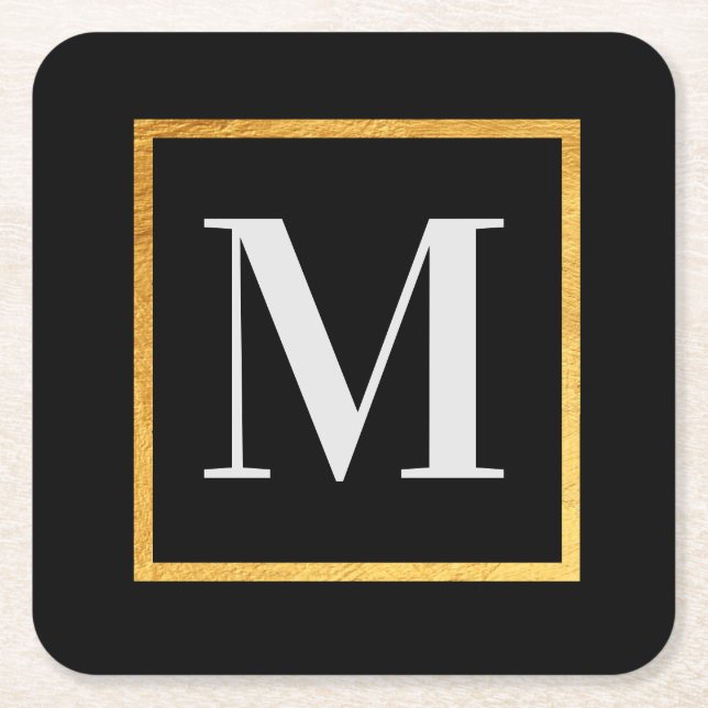 Golden Monogram Square Paper Coaster (Front)