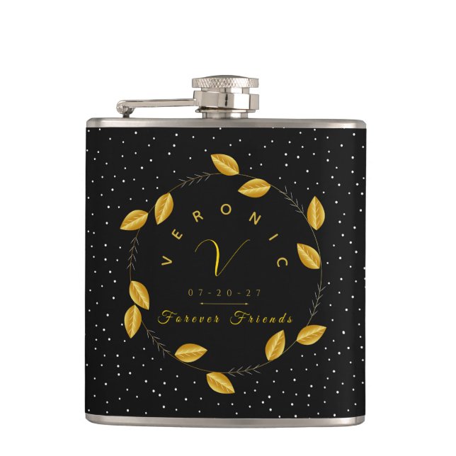 Golden Monogram Wreath – Forever Friends Hip Flask (Front)