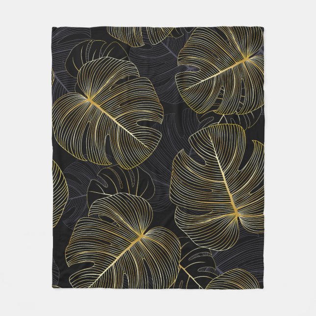Golden monstera leaves, romantic seamless floral. fleece blanket (Front)