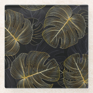 Golden monstera leaves, romantic seamless floral. glass coaster