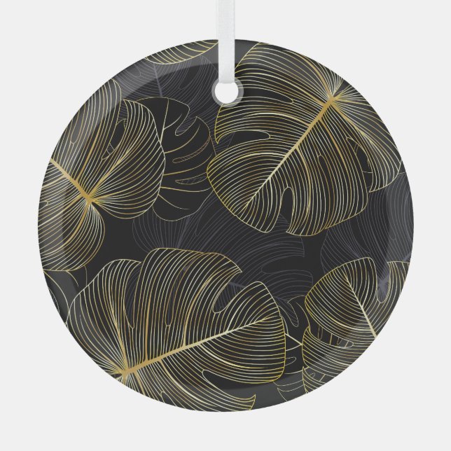 Golden monstera leaves, romantic seamless floral. glass tree decoration (Front)