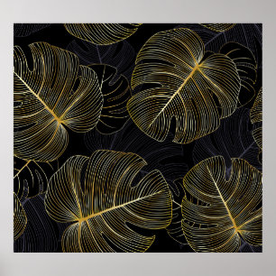Golden monstera leaves, romantic seamless floral. poster