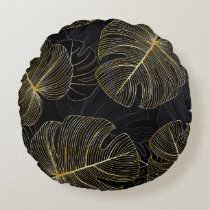 Golden monstera leaves, romantic seamless floral. round cushion