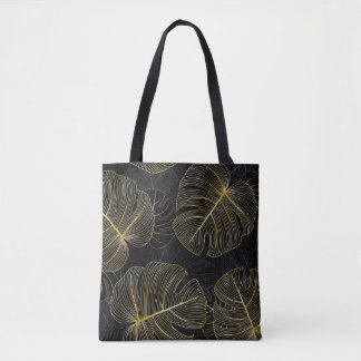 Golden monstera leaves, romantic seamless floral. tote bag