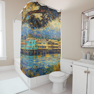 Golden Monterey Harbor Dreams Klimt-inspired Shower Curtain