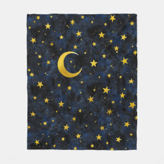 Golden Moon and Stars on Dark Blue Marble Fleece Blanket
