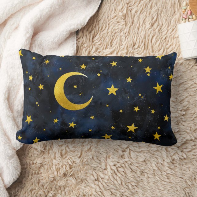 Golden Moon and Stars on Dark Blue Marble Lumbar Cushion (Blanket)