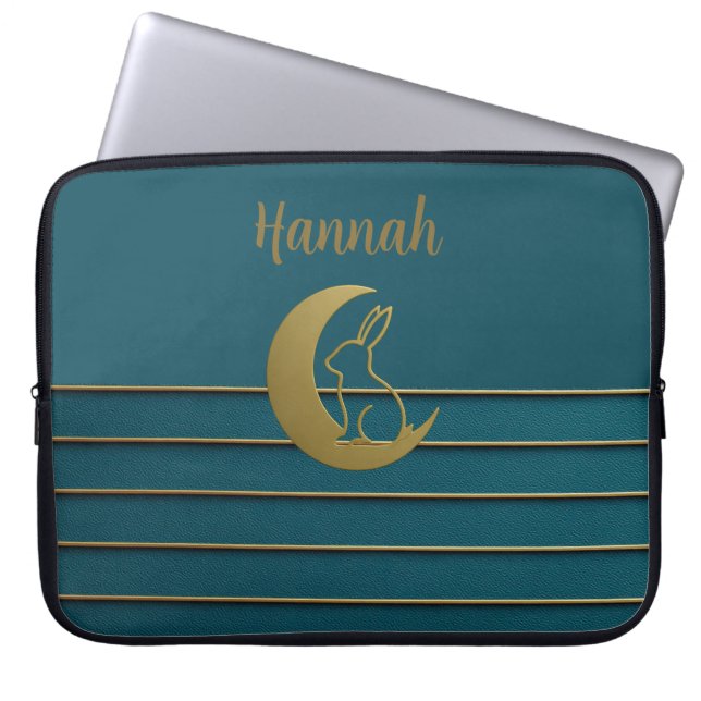 Golden Moon & Bunny on Teal Laptop Sleeve (Front)