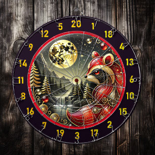 Golden Moon Highlights Bold Red Racoon Dartboard