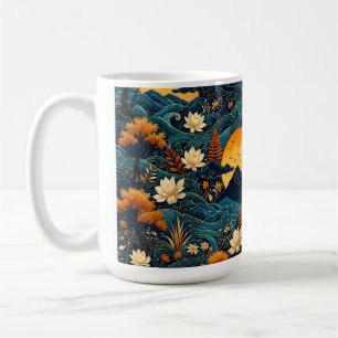 Golden Moon Mountain Night Sky Lotus Floral Pattrn Coffee Mug