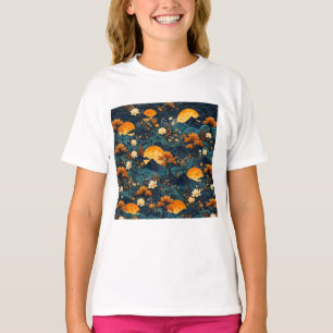 Golden Moon Mountain Night Sky Lotus Floral Pattrn T-Shirt