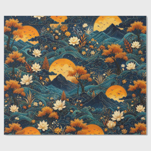 Golden Moon Mountain Night Sky Lotus Floral Pattrn Wrapping Paper