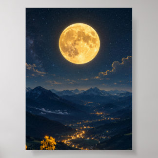Golden Moon Over Mountain Valley Night Landscape Poster