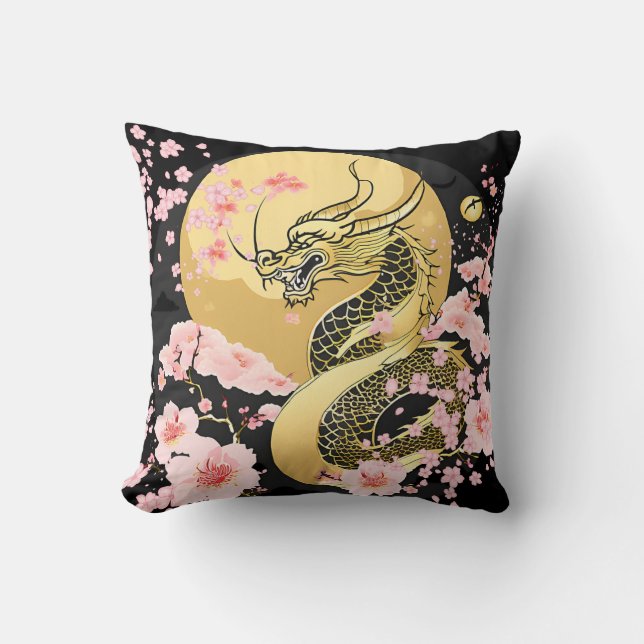Golden Moon Sakura Dragon Throw Pillow (Front)