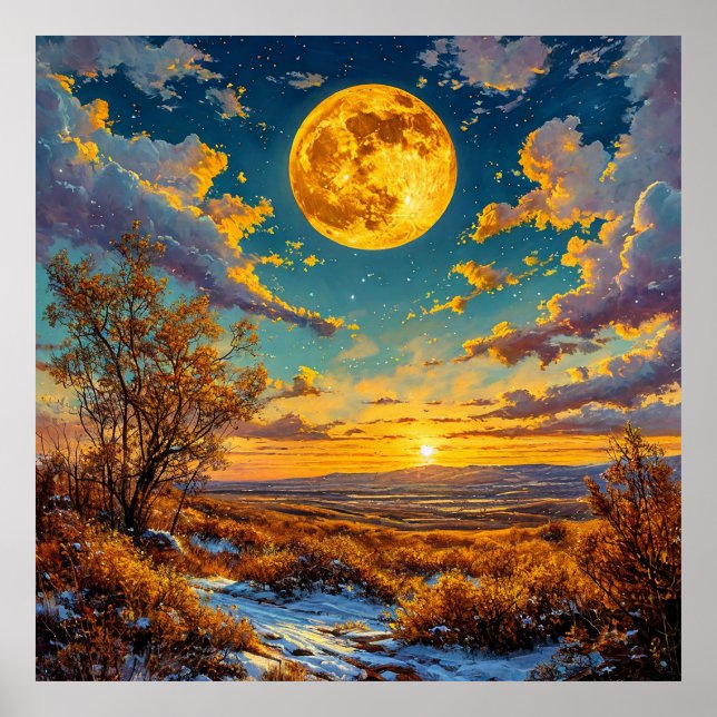 🌕 Golden Moon Sunset Meadow Tree Nature Glow Poster (Front)