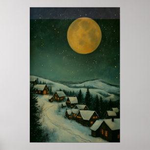 Golden Moon Winter Village Printable Snowy Night Poster
