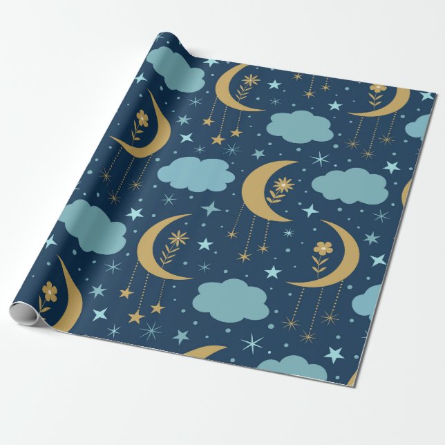 Golden Moon With Flowers and Clouds  Wrapping Paper (Unrolled)