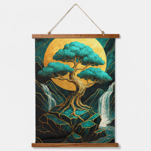 Golden Moonlight Bonsai Tree & Teal Waterfall Land Hanging Tapestry