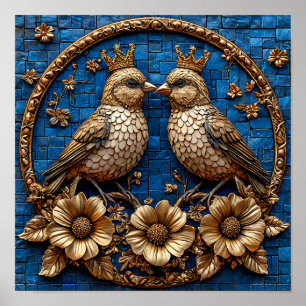 ✨ Golden Mosaic Birds Royal Crown Symmetry Wall Ar Poster