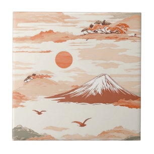 Golden Mount Fuji Sunrise Japan Watercolor Pattern Ceramic Tile