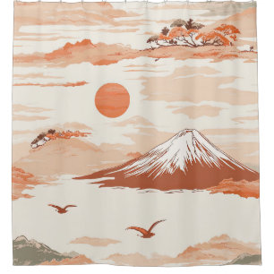 Golden Mount Fuji Sunrise Japan Watercolor Pattern Shower Curtain