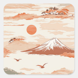Golden Mount Fuji Sunrise Japan Watercolor Pattern Square Sticker