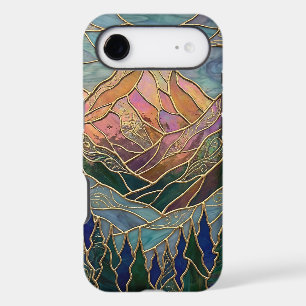 Golden Mountain Peaks Forest Stained Glass Art