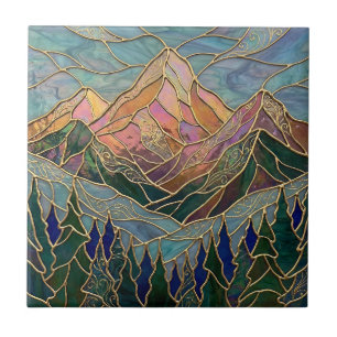 Golden Mountain Peaks Forest Stained Glass Art Ceramic Tile