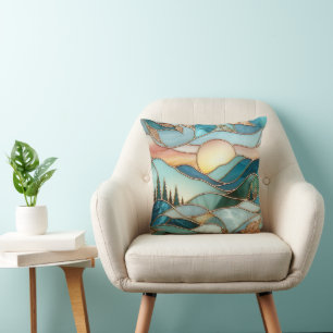 Golden Mountain Peaks Forest Stained Glass Art Cushion