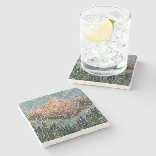 Golden Mountain Peaks Forest Stained Glass Art Stone Coaster