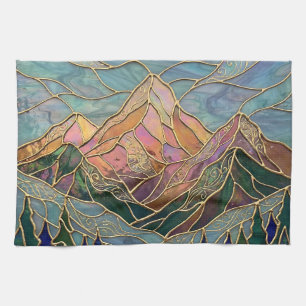 Golden Mountain Peaks Forest Stained Glass Art Tea Towel