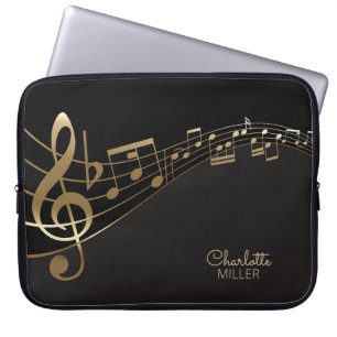 Golden Music Notes and Custom Name Laptop Sleeve