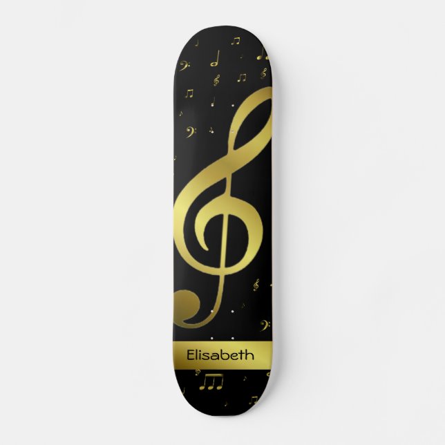 golden music notes in black skateboard deck (Front)