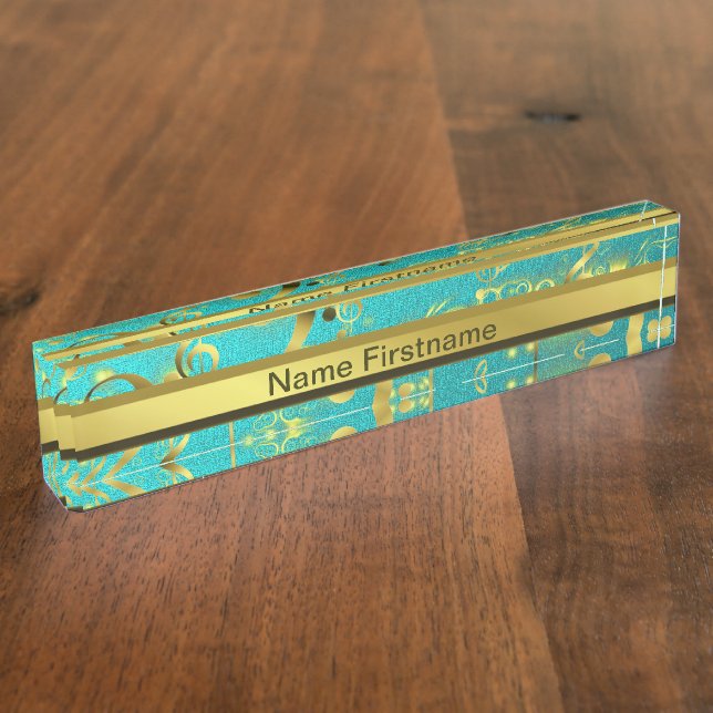 golden music notes in mint desk name plate (Side)